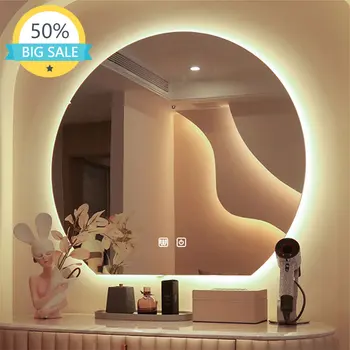 Полукруглое круглое настенное зеркало для ванной комнаты, 3 цвета, светодиодный противотуманный туалетный столик, Косметическая подсветка зеркал для туалетного столика