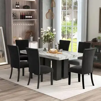 Прямоугольный обеденный стол из искусственного мрамора и 6 мягких сидений, обеденный стол из 7 предметов для столовой и гостиной