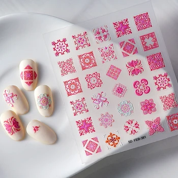 Розовые Тотемы в Богемном стиле, Рельефы с Тиснением 5D, Самоклеящиеся наклейки для дизайна ногтей, Цветные Наклейки для Маникюра Оптом