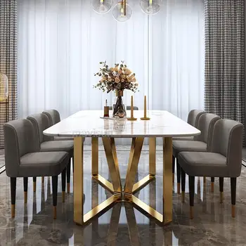 Роскошный мраморный обеденный стол в минималистском золотистом дизайне из нержавеющей стали, высококачественный прямоугольный стол и шесть стульев, мебель для дома