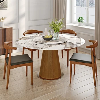 Современный круглый обеденный стол, Обеденный стол из Спеченного камня со столешницей Lazy Susan, Основание Из Массива Дерева, 47-дюймовый Обеденный стол на 6 персон