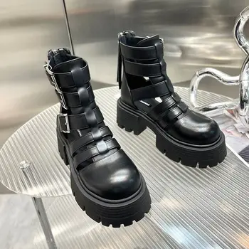 Темно-готические полые сандалии, женские тонкие туфли на толстой подошве с металлической пряжкой в стиле панк, Сандалии с перекрестной шнуровкой на платформе на толстом каблуке