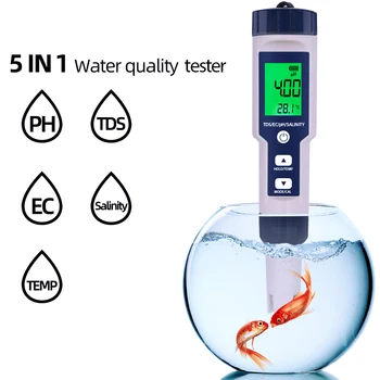 Тестер качества воды 5 в 1 PH/TDS/EC/Тестирование температуры/Солености IP67 Водонепроницаемый Анализатор Качества воды с подсветкой Дисплея