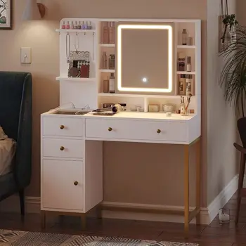 Туалетный столик Для макияжа, Туалетный столик с Зеркалом и 3-цветными светодиодными лампами, подходит для Гардеробных и спален