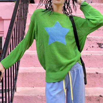 Уличная одежда зеленого контрастного цвета, вязаный свитер со звездами, женский свободный пуловер средней длины, осенний топ с длинным рукавом, одежда Y2k 