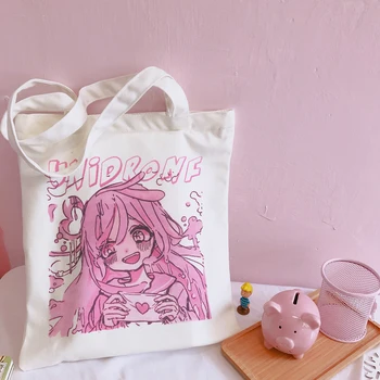 Холщовая сумка с принтом для девочек из японского аниме, повседневная сумка-тоут большой емкости, кавайная сумка для покупок, милые модные женские сумки через плечо