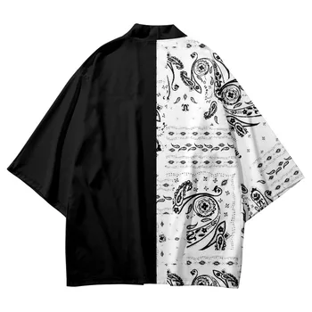 Японский уличный кардиган, Женский Черно-белый халат с принтом, кимоно Харакудзу, Винтажный костюм самурая, Мужская одежда Хаори Юката